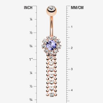 Detail View 1 of Rose Gold Wonder Sparkle Falls Chandelier Belly Button Ring-Clear Gem/Tanzanite